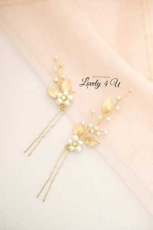 ACCESORIU DE PAR CU PERLE, accesoriu mireasa, diadema aurie, diadema mireasa, diadema nunta, FRUNZE AURII, nunta, pieptene mireasa, Accesorii LOVELY 4 U, Agrafe coc mireasa, Accesorii coc mireasa, AUR [1]
