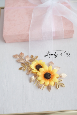 accesoriu floarea soarelui, bijuterii floarea soarelui, accesoriu mic auriu cu frunze pentru mirese, accesorii lovely 4 u, bijuterii cu frunze, buchet mireasa  floarea soarelui, coafuri si diadema mireasa, pieptan voal mireasa, accesorii pentru mirese, accesorii de par cununie civila [8]