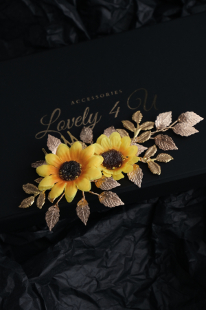 accesoriu floarea soarelui, bijuterii floarea soarelui, accesoriu mic auriu cu frunze pentru mirese, accesorii lovely 4 u, bijuterii cu frunze, buchet mireasa  floarea soarelui, coafuri si diadema mireasa, pieptan voal mireasa, accesorii pentru mirese, accesorii de par cununie civila [1]