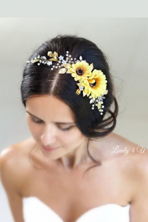 Accesorii cu floarea soarelui, Bijuterii floarea soarelui, diademe cu flori, accesorii handmade, PIEPTAN MIREASA, DIADEMA MIREASA, ACCESORIU PAR MIREASA, ACCESORII DE PAR MIRESE, ACCESORII NUNTA, ACCESORII CU PERLE, DIADEMA CU PERLE, PIEPTAN VOAL MIREASA, BIJUTERII PAR MIREASA, [10]