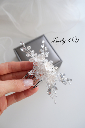 Agrafa coc mireasa, agrafa cu pietricele, diadema mireasa, accesorii de par pentru mirese, Accesorii LOVELY4U, Bijuterii mireasa, Diadema mireasa, tiara cu flori, diadema cu flori, pieptan mic mireasa [6]