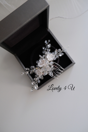 Agrafa coc mireasa, agrafa cu pietricele, diadema mireasa, accesorii de par pentru mirese, Accesorii LOVELY4U, Bijuterii mireasa, Diadema mireasa, tiara cu flori, diadema cu flori, pieptan mic mireasa [8]