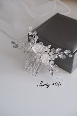 Agrafa coc mireasa, agrafa cu pietricele, diadema mireasa, accesorii de par pentru mirese, Accesorii LOVELY4U, Bijuterii mireasa, Diadema mireasa, tiara cu flori, diadema cu flori, pieptan mic mireasa [9]