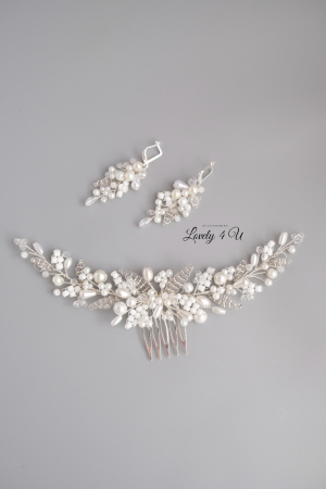 KENNEDY - Diadema mireasa argintiu cu perle albe și ivory [13]
