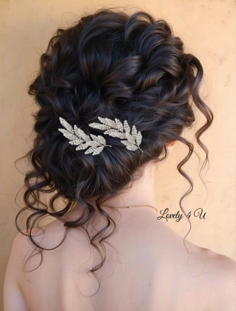 AGRAFE - PINI - ACCESORIU FRUNZE, diadema stil grecesc, pieptan cu frunze, frunze aurii, cristale swarovski, pieptan auriu, accesorii lovely 4 u, coafuri mireasa 2024, coafura par bulcle mireasa cu diadema, diadema lateral cu parul desfacut, accesorii de coc mireasa