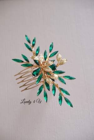 Diadema cu cristale verzi, Diadema verde, Bijuterii verzi, accesorii mireasa, pieptan mic mireasă, accesorii nașa accesoriu mic cu cristale verzi, accesorii aurii, accesorii cu frunze, accesorii stil grecesc, agrafă par Verde [3]