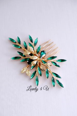 Diadema cu cristale verzi, Diadema verde, Bijuterii verzi, accesorii mireasa, pieptan mic mireasă, accesorii nașa accesoriu mic cu cristale verzi, accesorii aurii, accesorii cu frunze, accesorii stil grecesc, agrafă par Verde [2]