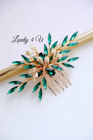 Diadema cu cristale verzi, Diadema verde, Bijuterii verzi, accesorii mireasa, pieptan mic mireasă, accesorii nașa accesoriu mic cu cristale verzi, accesorii aurii, accesorii cu frunze, accesorii stil grecesc, agrafă par Verde [1]