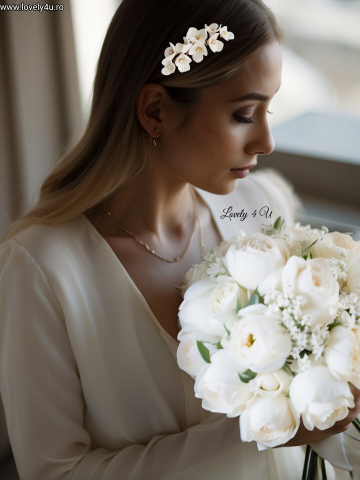 Diadema mireasa cu flori, Accesoriu de par pentru mirese, Diadema mireasa aurie, Diadema coc mireasa, peiptan auriu mireasa, pieptan cu flori mireasa, Accesorii LOVELY 4 U, Agrafa par mireasa, Flori rasina [1]