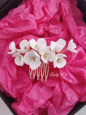 Diadema mireasa cu flori, Accesoriu de par pentru mirese, Diadema mireasa aurie, Diadema coc mireasa, peiptan auriu mireasa, pieptan cu flori mireasa, Accesorii LOVELY 4 U, Agrafa par mireasa, Flori rasina [5]
