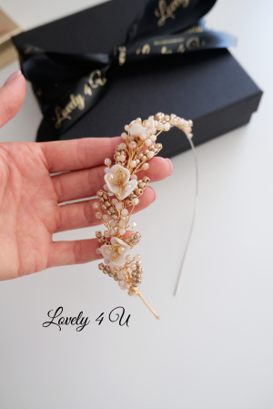 accesoriu flori mireasa, accesoriu par nunta, coronita aurie mireasa, diadema aurie mireasa, diademă boemă pentru mireasă, coronita simetrica, accesorii lovely 4 u, bijuterii mireasa, accesorii nunta [17]