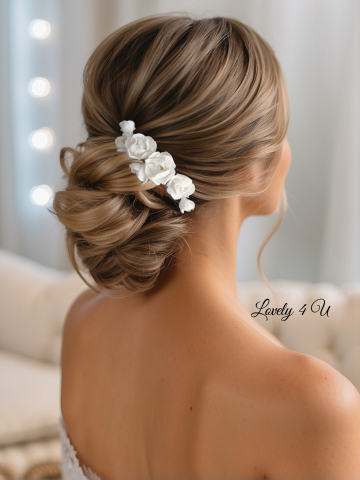 Diadema cu flori, peony accesorii, bijuterii cu flori bujori, tiara cu flori, pieptan voal mireasa cu flori, accesorii lovely 4 u , accesorii 2023, agrafa par mireasa, accesorii par nunta, accesoriu de par lateral, bijuterii