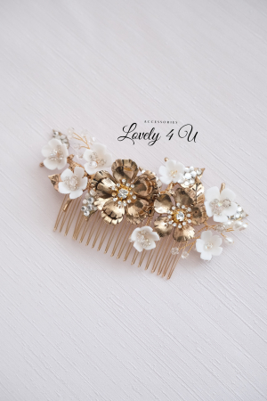 Diadema aurie, diadema cu flori, accesorii 2023, accesorii , pietan voal mireasa, accesorii cu flori, [11]