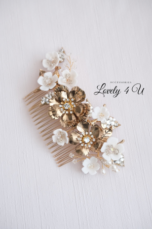 Diadema aurie, diadema cu flori, accesorii 2023, accesorii , pietan voal mireasa, accesorii cu flori, [10]