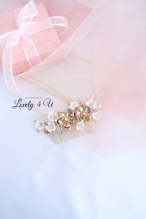 Diadema aurie, diadema cu flori, accesorii 2023, accesorii , pietan voal mireasa, accesorii cu flori, [8]