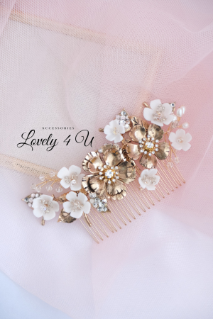 Diadema aurie, diadema cu flori, accesorii 2023, accesorii , pietan voal mireasa, accesorii cu flori, [1]
