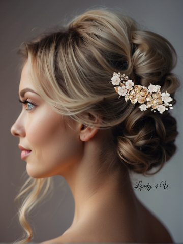 Diadema aurie, diadema cu flori, accesorii 2023, accesorii , pietan voal mireasa, accesorii cu flori, [9]
