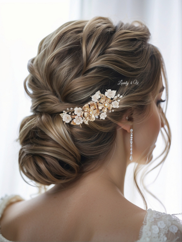 Diadema aurie, diadema cu flori, accesorii 2023, accesorii , pietan voal mireasa, accesorii cu flori,