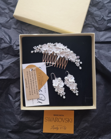 Set mireasă LORENA – Diademă și cercei handmade cu flori și perle, placare argint, LOVELY 4 U [7]