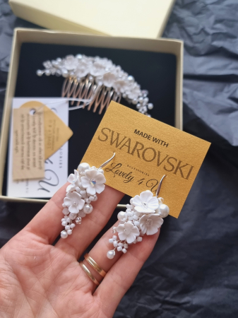 Set mireasă LORENA – Diademă și cercei handmade cu flori și perle, placare argint, LOVELY 4 U [10]