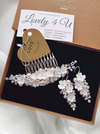 Set mireasă LORENA – Diademă și cercei handmade cu flori și perle, placare argint, LOVELY 4 U [4]