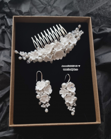 Set mireasă LORENA – Diademă și cercei handmade cu flori și perle, placare argint, LOVELY 4 U [8]
