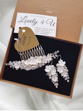 SET ACCESORII MIREASA - Set mireasă LORENA – Diademă și cercei handmade cu flori și perle, placare argint, LOVELY 4 U