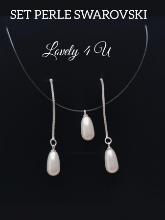COLIERE - Perle Swarovski, lacrimă, picătură, perle alungite, set bijuterii mireasa, cercei lungi argint, colier invizibil cu perla Swarovski, cercei perle Swarovski, cercei eleganți, accesorii handmade Romania