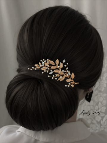 Accesoriu mireasa stil grecesc, Bijuterii par stil grecesc, Diadema stil grecesc, Accesorii mireasa cu frunze, frunze aurii, Agrafa par mireasa, Agrafa stil grecesc, Mireasa 2024, Accesorii Lovely 4 U, frunze aurii, perle , fir metalic placat cu aur [2]