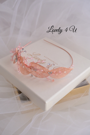Coroniță stil grecesc, coroniță cu frunze, tiara mireasa, tiara cu frunze, frunze rose gold, bijuterii mireasa cu frunze, accesorii Lovely 4 U, tiara mireasa, coroniță asimetrica, tiara asimetrica