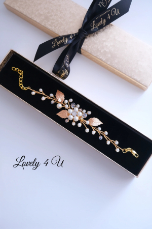 Brățară mireasă, bratara eleganta cu perle, bratara eleganta de mireasa, bratari mireasa, bratata aurie, bijuterii mireasa, accesorii Lovely 4 U, [4]