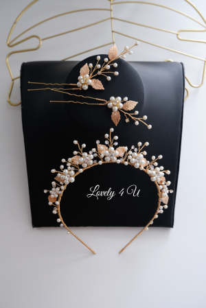 ACCESORIU DE PAR CU PERLE, accesoriu mireasa, diadema aurie, diadema mireasa, diadema nunta, FRUNZE AURII, nunta, pieptene mireasa, Accesorii LOVELY 4 U, Agrafe coc mireasa, Accesorii coc mireasa, AUR [22]
