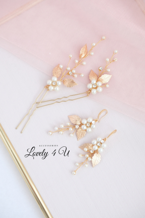ACCESORIU DE PAR CU PERLE, accesoriu mireasa, diadema aurie, diadema mireasa, diadema nunta, FRUNZE AURII, nunta, pieptene mireasa, Accesorii LOVELY 4 U, Agrafe coc mireasa, Accesorii coc mireasa, AUR [11]