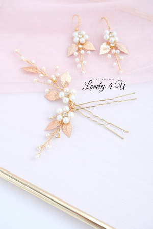 ACCESORIU DE PAR CU PERLE, accesoriu mireasa, diadema aurie, diadema mireasa, diadema nunta, FRUNZE AURII, nunta, pieptene mireasa, Accesorii LOVELY 4 U, Agrafe coc mireasa, Accesorii coc mireasa, AUR [12]