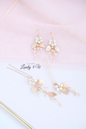 ACCESORIU DE PAR CU PERLE, accesoriu mireasa, diadema aurie, diadema mireasa, diadema nunta, FRUNZE AURII, nunta, pieptene mireasa, Accesorii LOVELY 4 U, Agrafe coc mireasa, Accesorii coc mireasa, AUR [10]