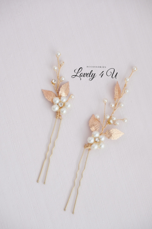 ACCESORIU DE PAR CU PERLE, accesoriu mireasa, diadema aurie, diadema mireasa, diadema nunta, FRUNZE AURII, nunta, pieptene mireasa, Accesorii LOVELY 4 U, Agrafe coc mireasa, Accesorii coc mireasa, AUR [5]
