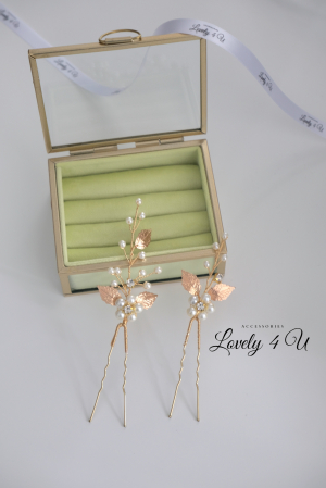 ACCESORIU DE PAR CU PERLE, accesoriu mireasa, diadema aurie, diadema mireasa, diadema nunta, FRUNZE AURII, nunta, pieptene mireasa, Accesorii LOVELY 4 U, Agrafe coc mireasa, Accesorii coc mireasa, AUR [15]