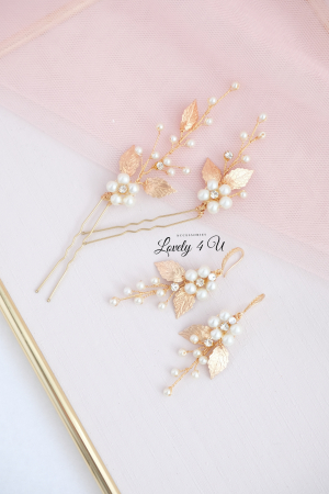 ACCESORIU DE PAR CU PERLE, accesoriu mireasa, diadema aurie, diadema mireasa, diadema nunta, FRUNZE AURII, nunta, pieptene mireasa, Accesorii LOVELY 4 U, Agrafe coc mireasa, Accesorii coc mireasa, AUR [9]