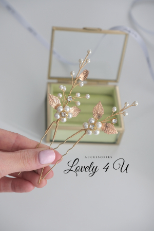 ACCESORIU DE PAR CU PERLE, accesoriu mireasa, diadema aurie, diadema mireasa, diadema nunta, FRUNZE AURII, nunta, pieptene mireasa, Accesorii LOVELY 4 U, Agrafe coc mireasa, Accesorii coc mireasa, AUR [13]