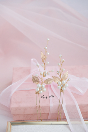 ACCESORIU DE PAR CU PERLE, accesoriu mireasa, diadema aurie, diadema mireasa, diadema nunta, FRUNZE AURII, nunta, pieptene mireasa, Accesorii LOVELY 4 U, Agrafe coc mireasa, Accesorii coc mireasa, AUR [6]
