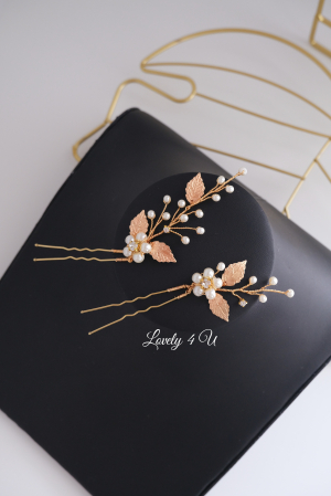 ACCESORIU DE PAR CU PERLE, accesoriu mireasa, diadema aurie, diadema mireasa, diadema nunta, FRUNZE AURII, nunta, pieptene mireasa, Accesorii LOVELY 4 U, Agrafe coc mireasa, Accesorii coc mireasa, AUR [21]