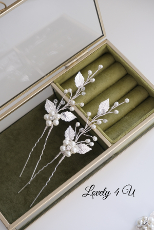 Accesorii par handmade TIMEA - SET AGRAFE argintii, cu perle, frunze, placare argint - set agrafe pentru eveniment  realizate manual in Roamnaia [1]