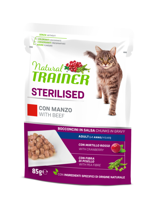 Natural Trainer – Sterilizat – Pisică Adultă Sterilizată - Bucăți de Vită în sos 85g x 12 buc [1]