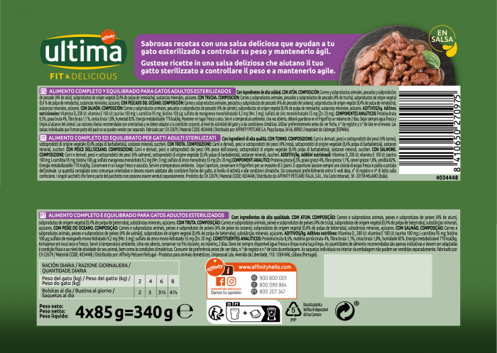 Ultima Wet – Pisică Adultă Sterilizată Fit & Delicious Multipack cu carne ton, păstrăv, somon, pește oceanic în sos 4x85g [2]