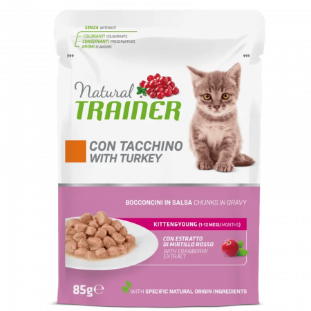 Pisici - Natural Trainer – Maintenance – Kitten & Young - Bucăți de Curcan în sos 85g x 12 buc