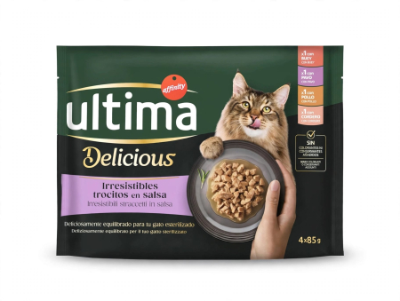 Ultima Pisici - Ultima Plic - Pisică Adultă Sterilizată Delicious Multipack cu Carne pui, curcan, vită, miel în sos 4x85g