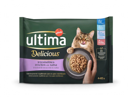 Ultima Pisici - Ultima Plic – Pisică Adultă Sterilizată Delicious Multipack cu Pește - ton, păstrăv, somon și pește oceanic în sos 4x85g