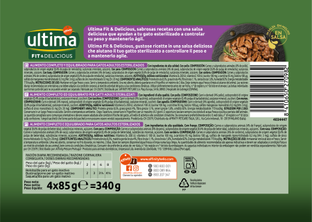 Ultima Plic - Pisică Adultă Sterilizată Fit & Delicious Multipack cu Carne pui, curcan, vită, miel în sos 4x85g [1]