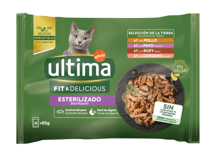 Ultima Pisici - Ultima Plic - Pisică Adultă Sterilizată Fit & Delicious Multipack cu Carne pui, curcan, vită, miel în sos 4x85g