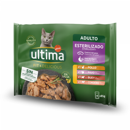Pisici - Ultima Wet - Pisică Adultă Sterilizată Fit & Delicious Multipack cu carne pui, curcan, vită, miel în sos 4x85g